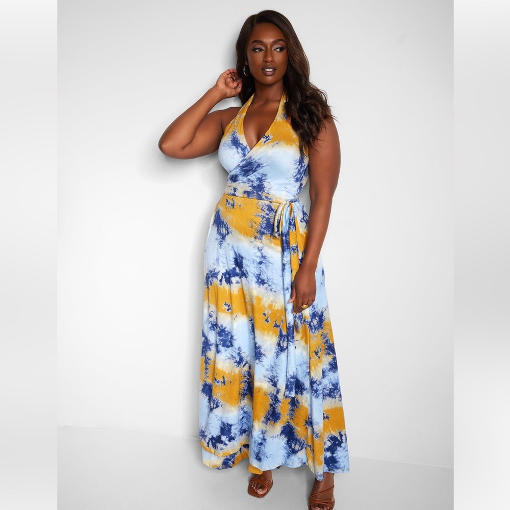 Shine On Me Tie Dye Print Halter Maxi Wrap Dress from Rebdoll Size 4 Plus size.